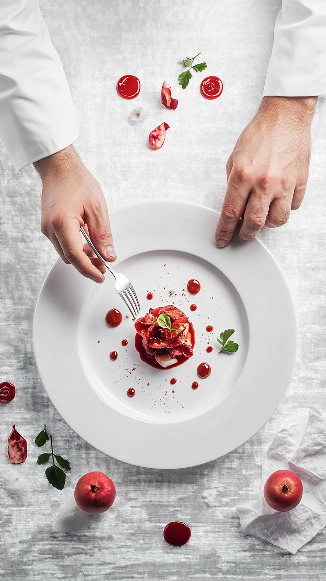 Chef arranging plated modern dish in studio